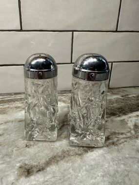 Crystal Cut Glass Salt and Pepper Shakers with Chrome Caps